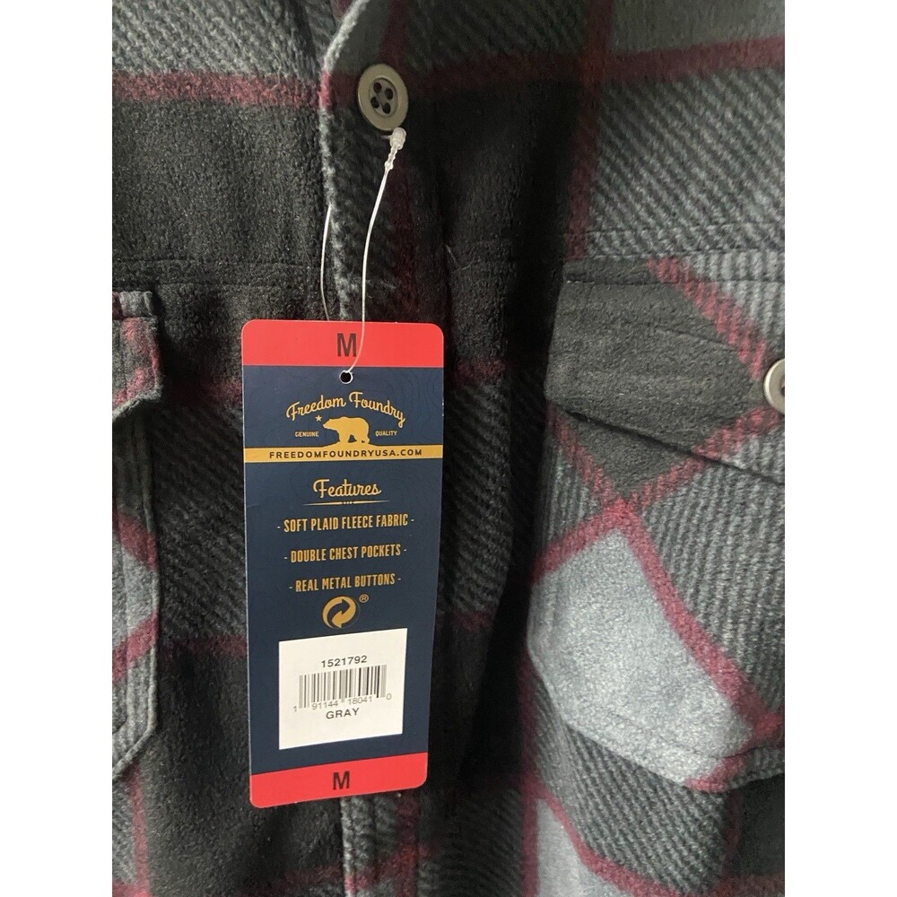 NWT Freedom Foundry Fleece Schacket Men Medium Gray Red Plaid Cabincore - Picture 4 of 9